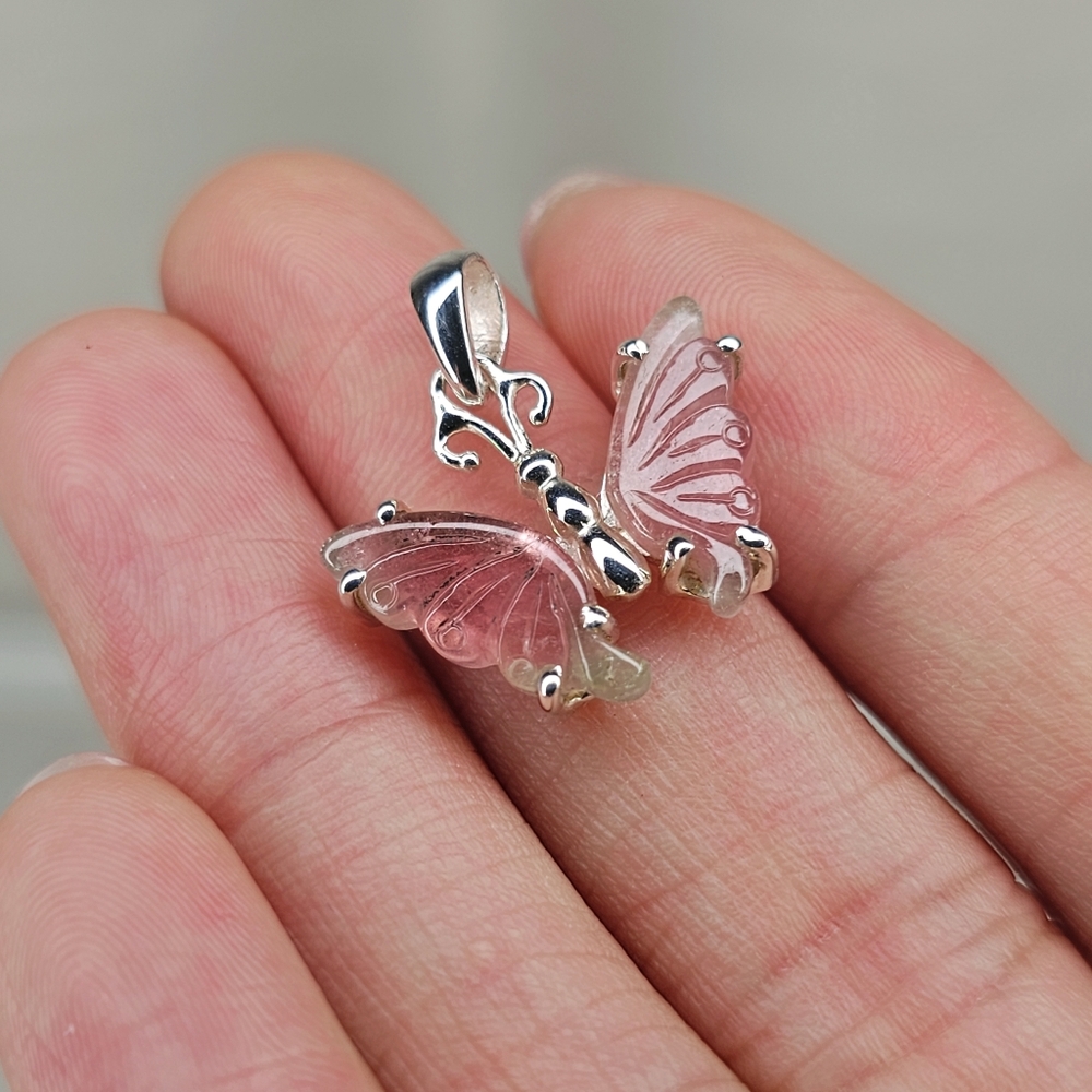 Real Hand carved Butterfly Watermelon Tourmaline Pendant